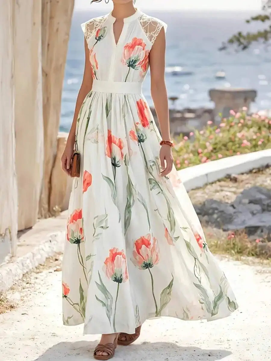 Women's Spring/Summer Floral Print Flower Ruffle Hem A-Line Dress, Elegant Sexy Golf White