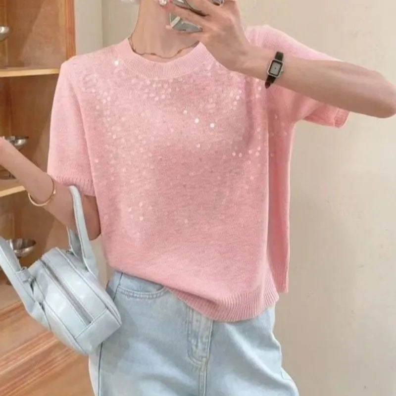 OCEANLOVE Knitted T-shirts Solid Sequins Thin Spring Summer Elegant T Shirt for Women Korean Fashion Loose Sweet Ropa De Mujer