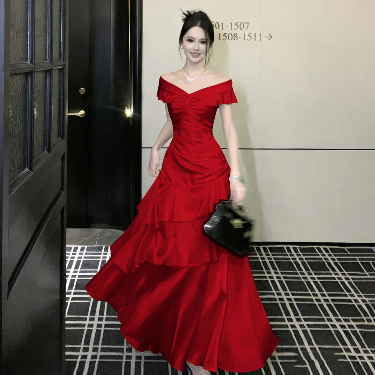 Elegant Evening Party Ruffles Mermaid Dresses Women Summer V Neck Short Sleeve Slim Black Dress Holiday Beach Birthday Dress