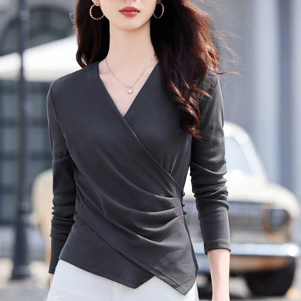 European gray long sleeved T-shirt for women's autumn new high-end fashion plus size irregular V-neck casual top
