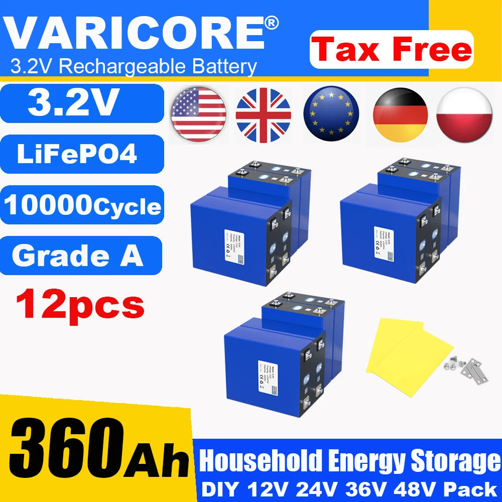 Grade A 3.2V 360AH 340Ah Battery LiFePO4 Lithium Iron Phospha for 12V 24V 4S E-scooter RV Solar Energy Storage System Duty-free