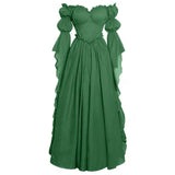 Women's Renaissance Gothic Court Off Shoulder Maxi Dress Vintage Ruffle Hem Medieval Victorian Stage Performance Costume Gown