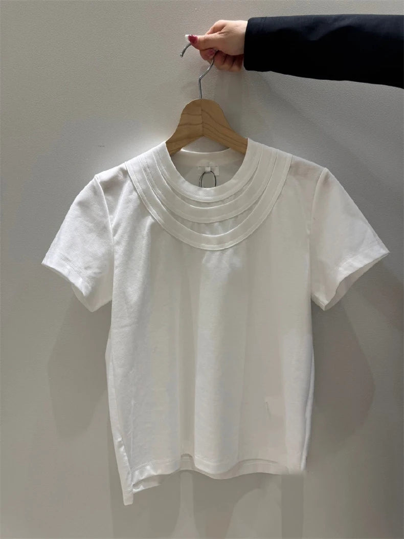 2025 summer new solid color three-layer collar short sleeved T-shirt short slim-fit casual blouse woman