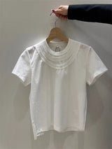 2025 summer new solid color three-layer collar short sleeved T-shirt short slim-fit casual blouse woman