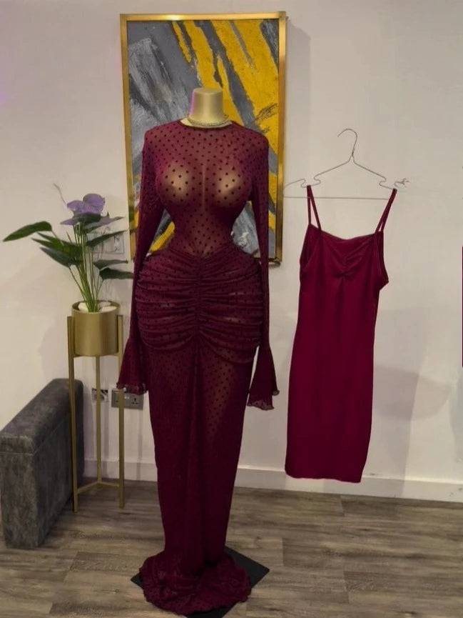 CM.YAYA Women Long Sleeve Stacked Mesh with Lining Bodycon Cocktail Long Dress 2025 Autumn Evening Birthday Sexy Party Dresses