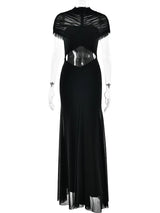 XIAOTANG Hollow Out Short Sleeve Sexy Maxi Dress Women Fashion O Neck Ruched High Waist Bodycon Club Party Long Dress Female