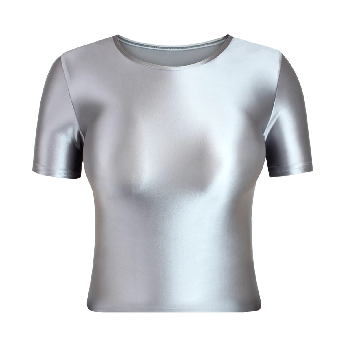 MJINM Women Oil Glossy Silky Smooth Short-sleeve Bottoming Shirt Strech Tight Soild Color Casual Yoga Sports Home Short T-shirt