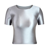 MJINM Women Oil Glossy Silky Smooth Short-sleeve Bottoming Shirt Strech Tight Soild Color Casual Yoga Sports Home Short T-shirt