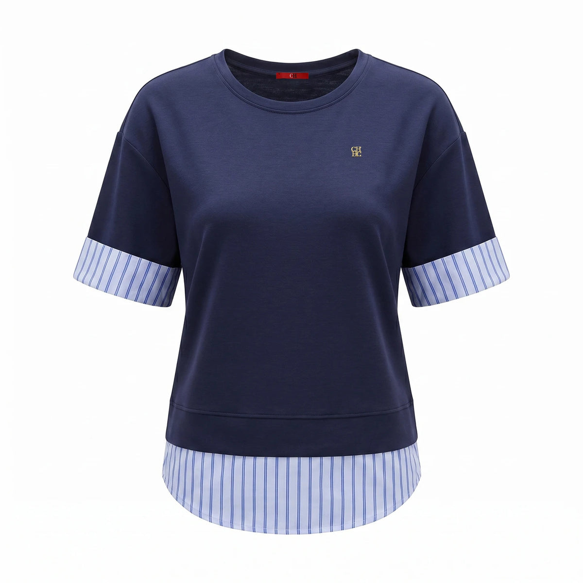 CH Metal Logo Short Sleeve T Shirt Women Stripe Patchwork Fake Two Piece Drop Shoulder Loose Fit Casual Daily Tops
