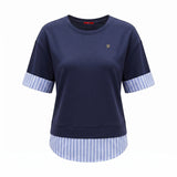 CH Metal Logo Short Sleeve T Shirt Women Stripe Patchwork Fake Two Piece Drop Shoulder Loose Fit Casual Daily Tops