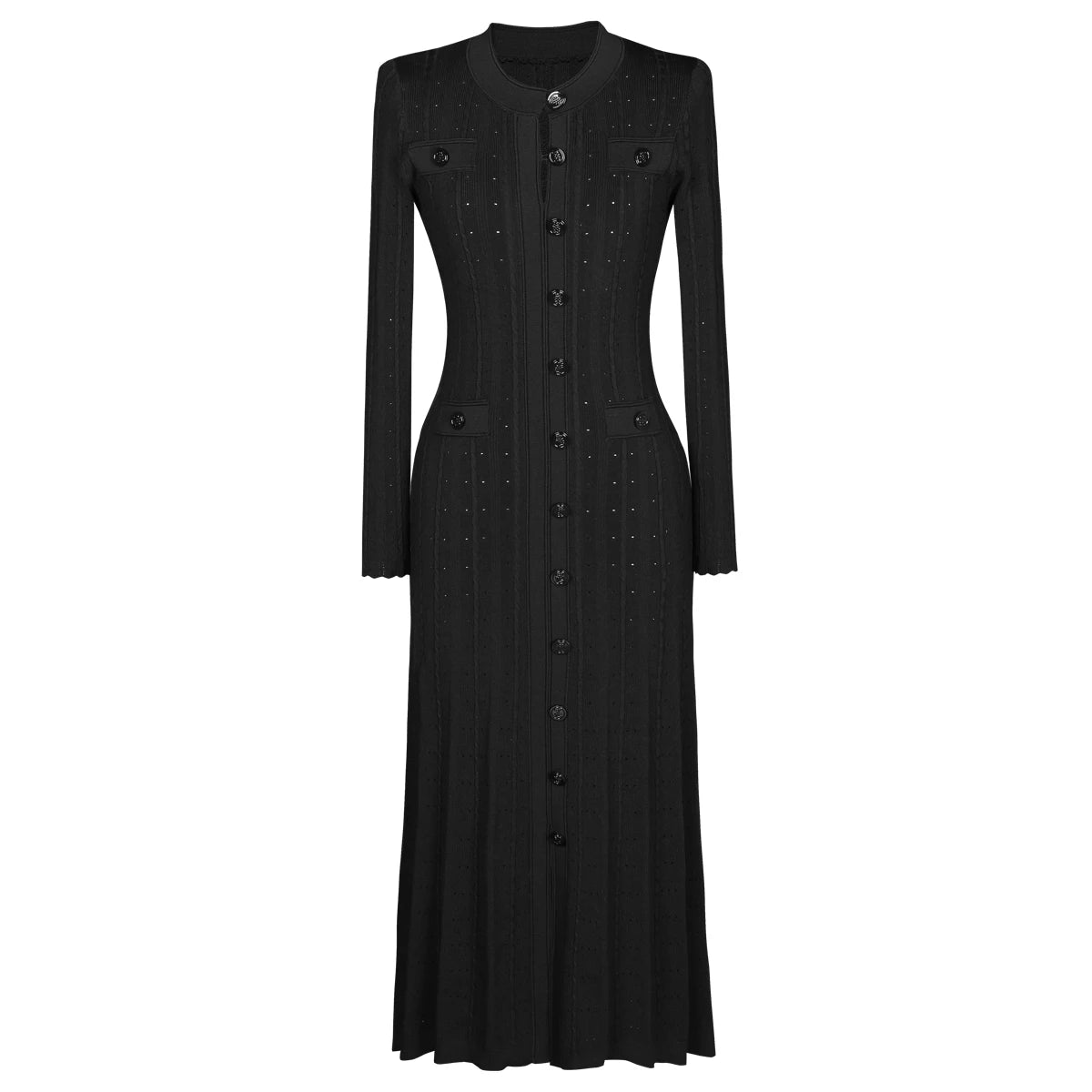 Three Colors High-quality New Elastic Knitted Fabric Hollowed Out Single Breasted Round Neck Long Sleeved Slim Fit Women Dress