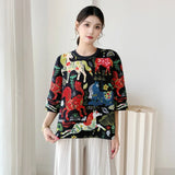 LANMREM High End Whimsical Horse Print Pleated Woemn's T-shirt Half Sleeve Round Neck Loose Fit Lightweight Casual Top 2DB6913