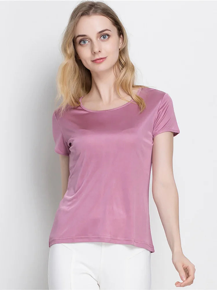 SuyaDream Woman Silk T Shirt Knitted Real Silk Short Sleeved O Neck Solid Basic Tee Simple Summer Top Black White