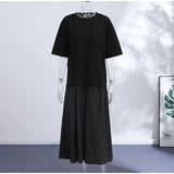 Loose Patchwork Women's Pleated Dresses Fashion Short Sleeve O-neck Long Robes 2026 Summer New Female Elegant Casual Dress