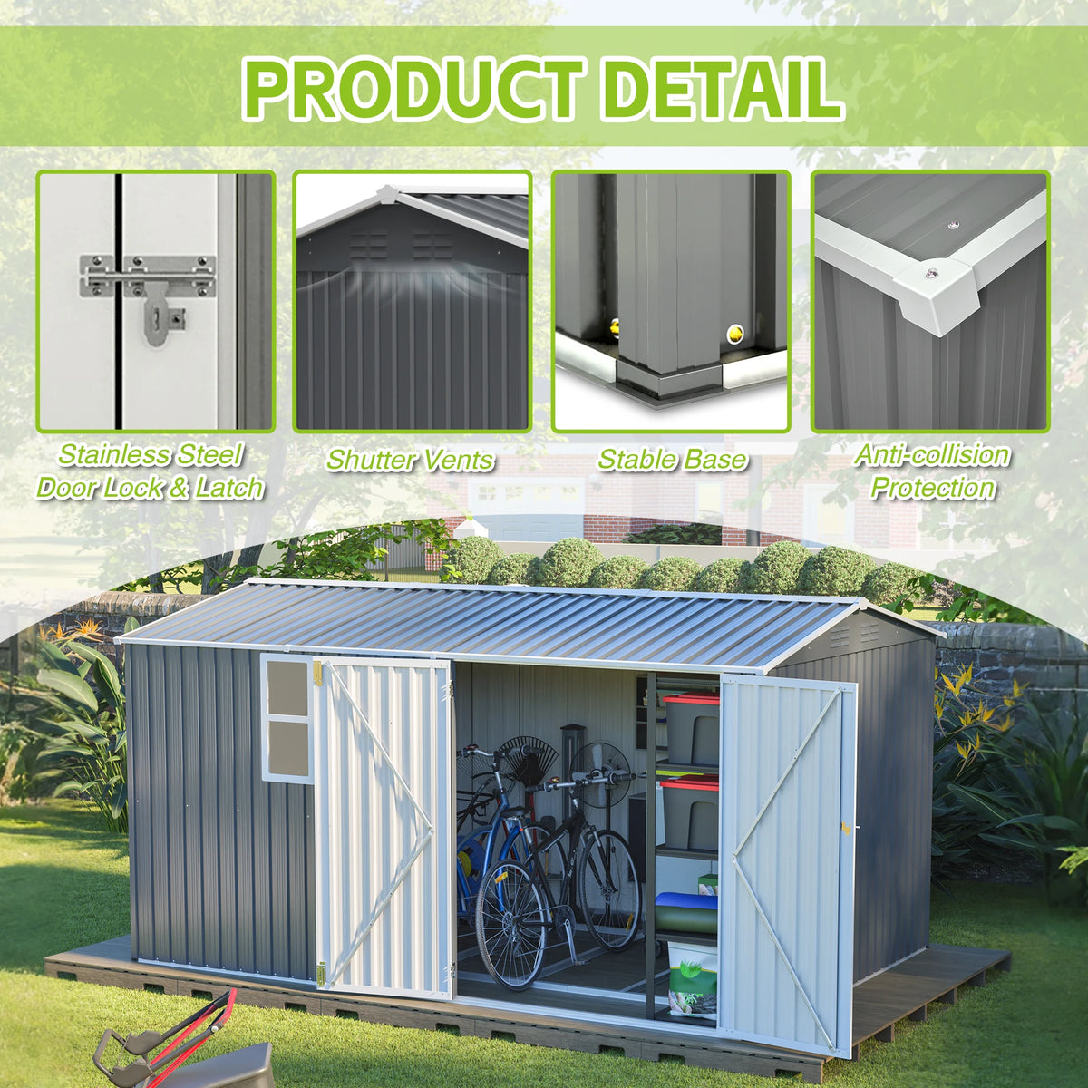 8x12 FT Heavy-Duty Steel Outdoor Storage Shed with Window, Hinged Gray Doors & 4 Air Vents for Backyard/Garden/Patio