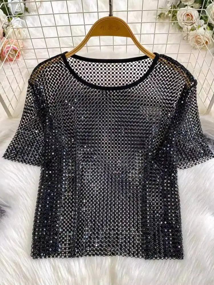 SHENGPALAE 2026 New Autumn Fashion Women Clothing Round Neck Short Sleeves Mesh Hollow Out Pullover T-shirt