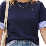 CH Metal Logo Short Sleeve T Shirt Women Stripe Patchwork Fake Two Piece Drop Shoulder Loose Fit Casual Daily Tops