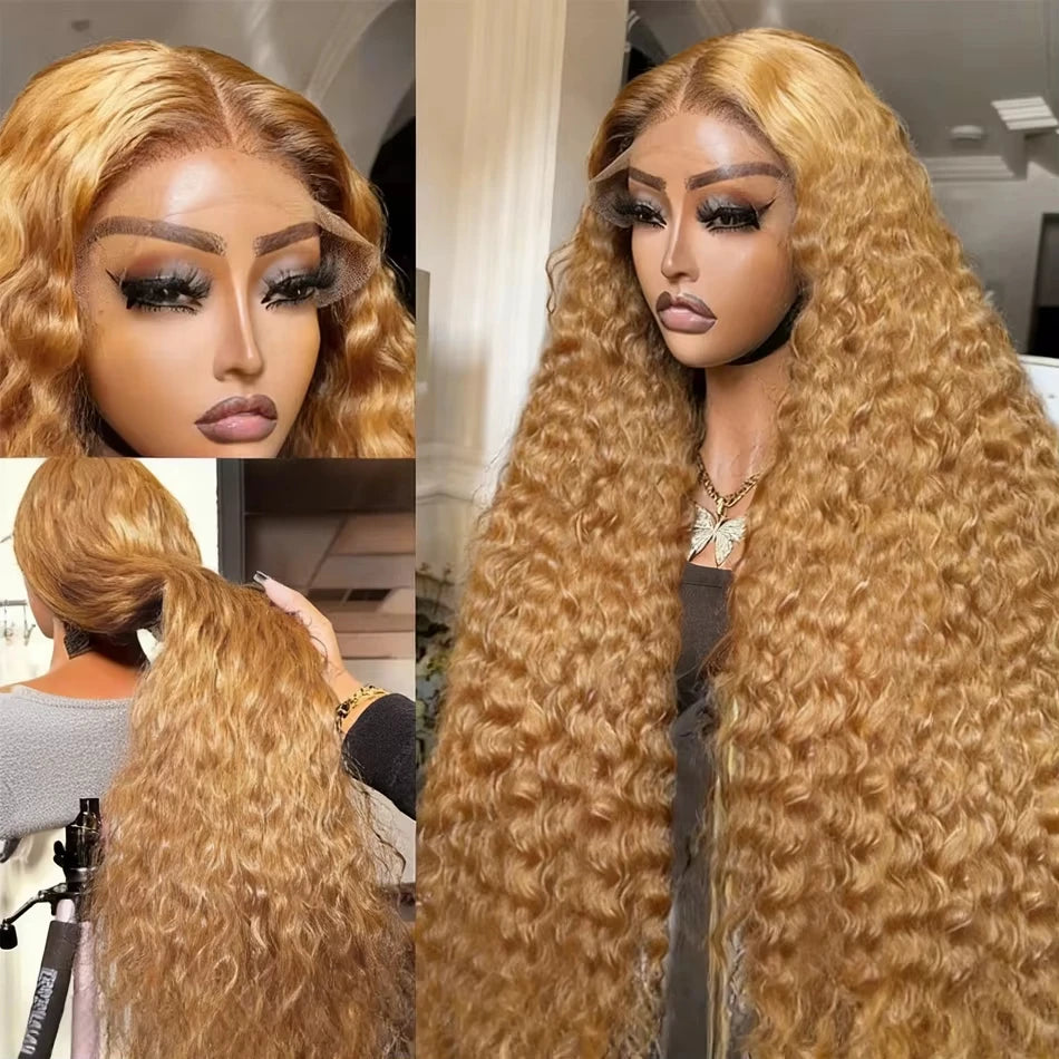 Highlight Deep Wave Lace Front Wigs Honey Blonde HD 13x6 Transparent Frontal Wigs 220 Density #27 Curly Wig Human Hair 26-32Inch