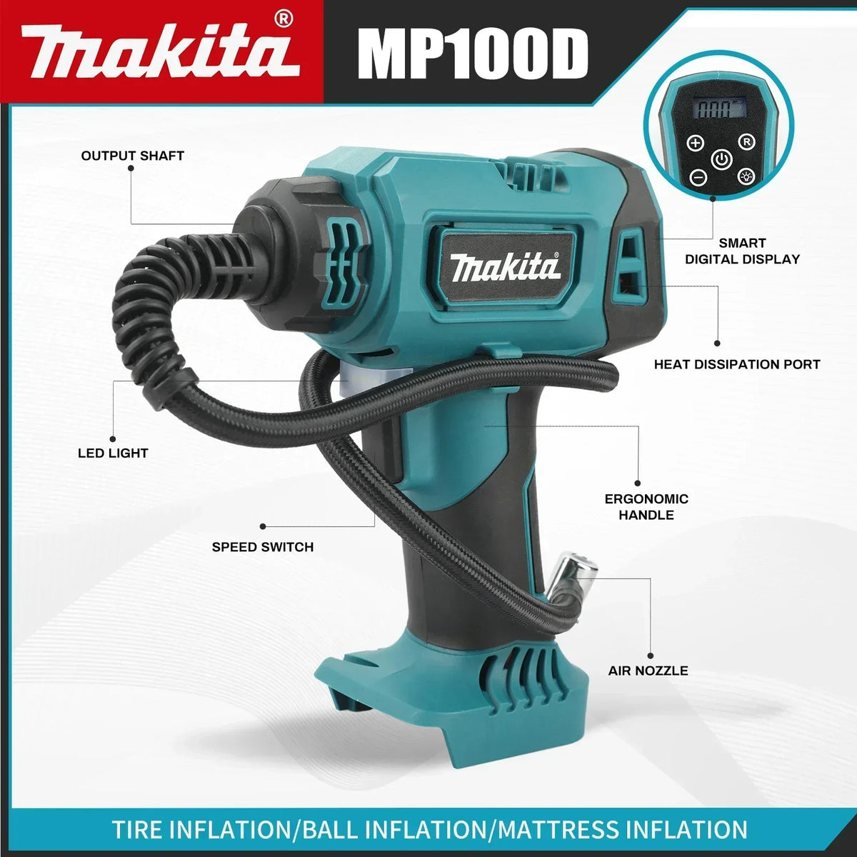Makita DYS60 Automatic Cordless Inflator: Electric Air Pump,Car Tire Handheld Air Compressor, Compatible with Makita 18V Battery