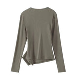 European gray long sleeved T-shirt for women's autumn new high-end fashion plus size irregular V-neck casual top