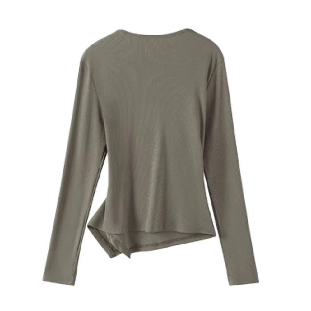 European gray long sleeved T-shirt for women's autumn new high-end fashion plus size irregular V-neck casual top