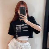 Summer New Letter Print T-shirt Women's Loose Open Navel Short Sleeve Hot Girls Crop Top Street Chic Female Chain Retro Tees Y2k