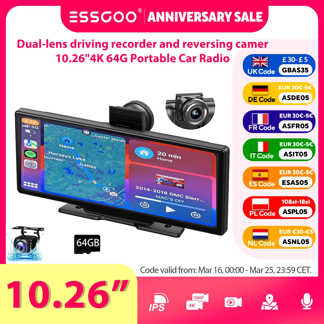 10.26"4K 64G TouchScreen Portable Wireless CarPlay Android Auto Truck Dash Car Stereo Bluetooth GPS Navi Reversing Wide-Angle FM