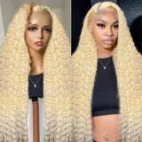 200% 250% Density 613 Blonde Lace Front Wigs Deep Wave Human Hair 13x4 Hd Lace Frontal Wig Pre Plucked Brazilian Ponytail Human Hair Lace Frontal Wig For Women Ready to Wear On Clearance Sale Pre Plucked Wig Party Work
