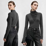 Amii Pile Collar Long Sleeve Tee Slim Fit Slimming Elegant Commuter Minimalist Versatile Winter 2026 Tops for Women 12644048