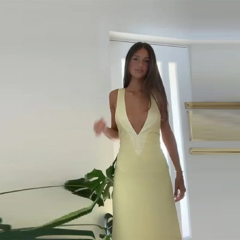 Fashion V-neck Backless Slim Fit Long Dress Minimalist Style Ankle-length Delicate Dresses 2026 Lady New Holiday Club Party Gown
