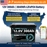 Grade A 12V 300Ah LiFePO4 Battery, Built-in 200A BMS, 8000+ Deep Cycle, Low-Temp Protection for RV, Van, Golf Cart, Boat, Camper, Marine, Solar Energy Storage, 1-Year Warranty