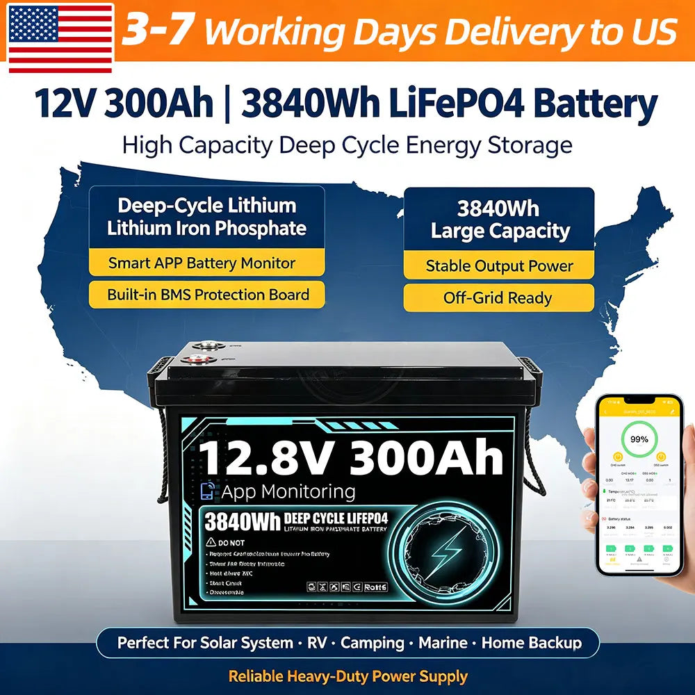 Grade A 12V 300Ah LiFePO4 Battery, Built-in 200A BMS, 8000+ Deep Cycle, Low-Temp Protection for RV, Van, Golf Cart, Boat, Camper, Marine, Solar Energy Storage, 1-Year Warranty