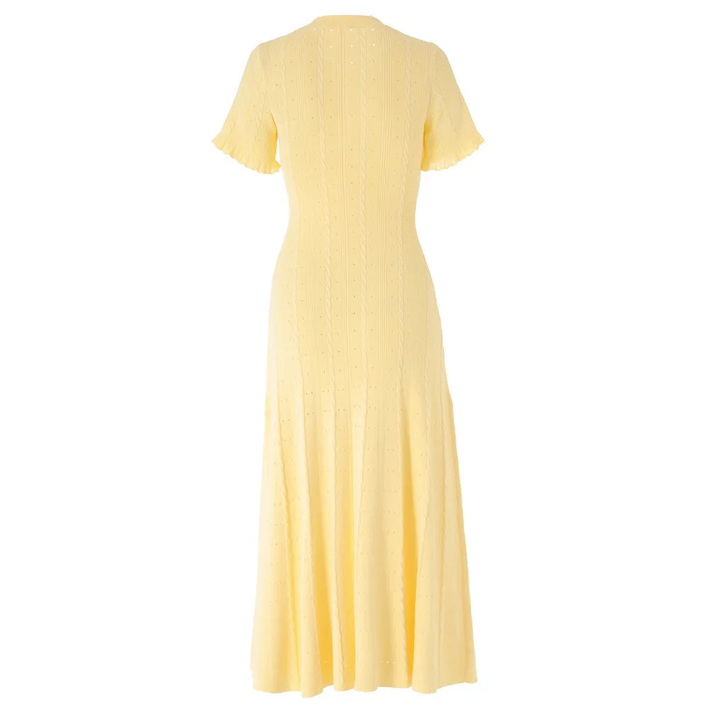 Summer Elegant Lady Knitted Single Breasted Long Dresses Women Solid Short Sleeve O Neck Button Bodycon Party Female Vestidos