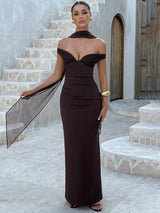 Mozision Scarf Collar Off-shoulder Sexy Maxi Dress Women Gown Fashion With Sleeve Strapless Backless Club Party Long Dresses
