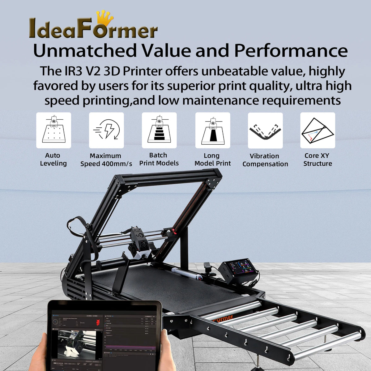 IdeaFormer IR3 V2 Infinite Z-Axis Steel Conveyor Belt 250×250×∞mm With Extended Tray Klipper Firmware Auto Leveling 3D Printer