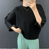 LANMREM Handmade Pleated Stand Collar Pullover Women's T-shirt 2025 Autumn Batwing Three Quarter Sleeve Loose Top New 2DB5251