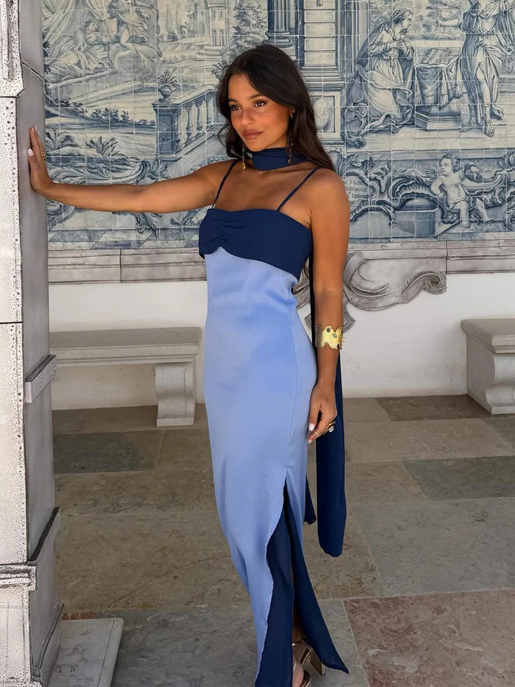 Spaghetti Strap Cape Neck Two Tone Maxi Dress Spaghetti Strap Slimming Sundress 2026 Summer Holiday Chic Ladies Party Vestidos