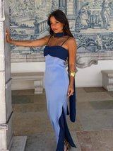 Spaghetti Strap Cape Neck Two Tone Maxi Dress Spaghetti Strap Slimming Sundress 2026 Summer Holiday Chic Ladies Party Vestidos