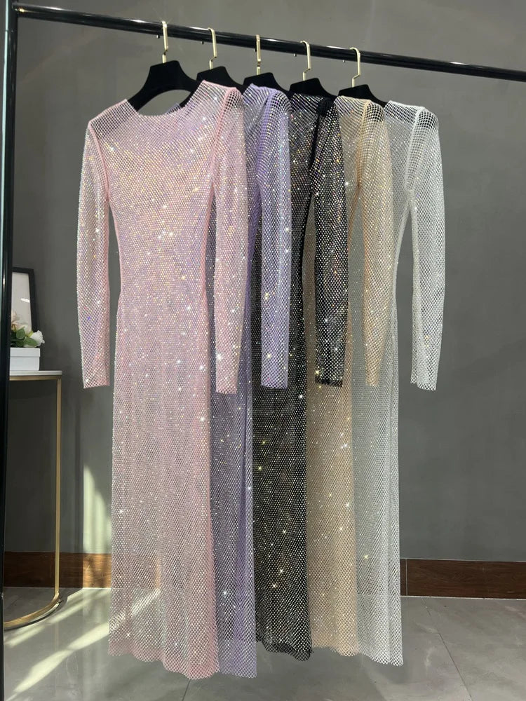 Club Apparel Sexy Rhinestone Dresses Long Sleeve Extra Diamond Dress