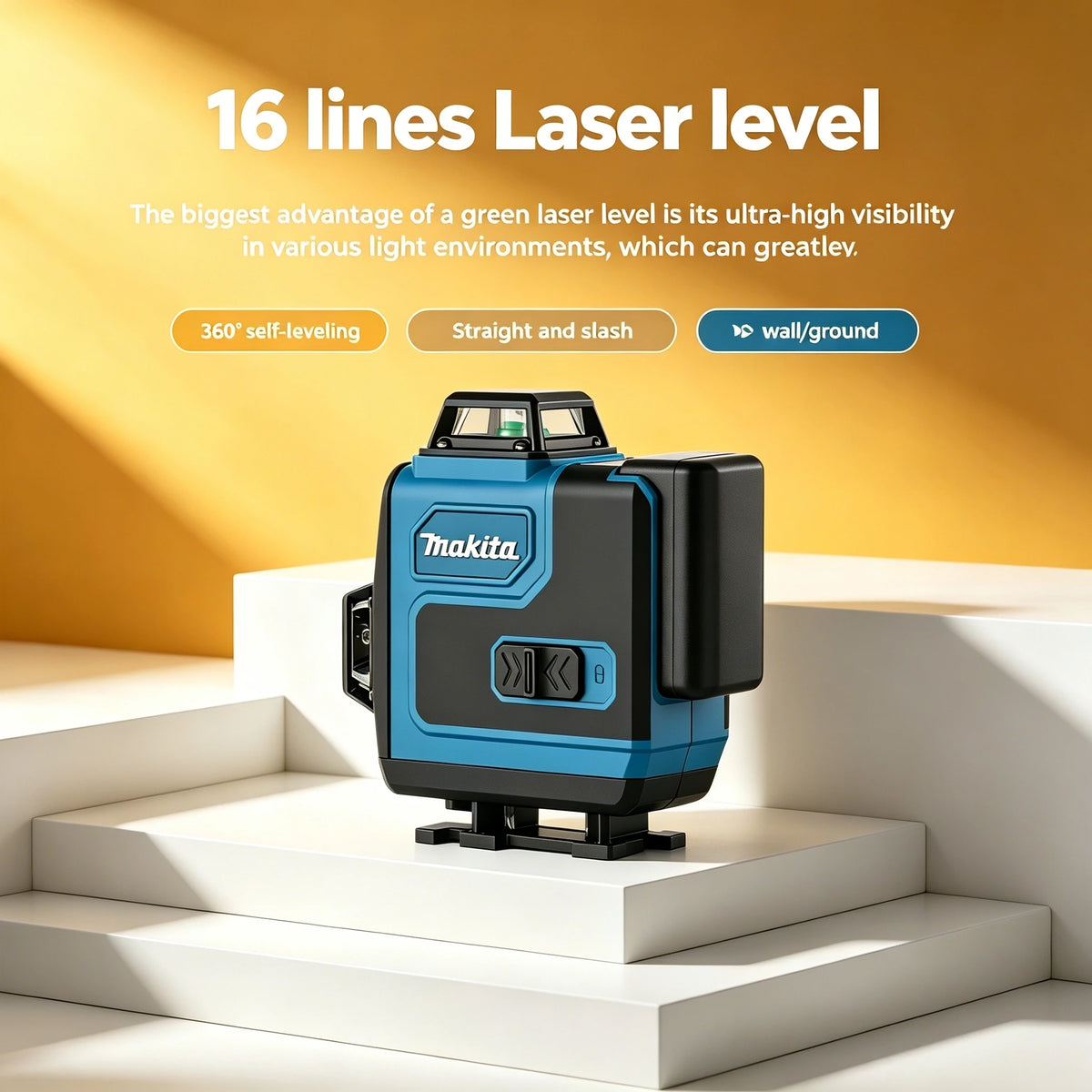 Makita Laser Level:Self-Leveling & Manual Modes,515nm Green Light,±4° Range,16 Lines,IP65,With Remote & Battery for Alignment