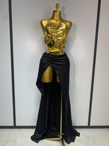 2025 New Arrival Women Gold Color Sexy Laced-up Tops 2 Pieces Set Long Dress Celebrate Evening Party Celebrity Elegant Dress