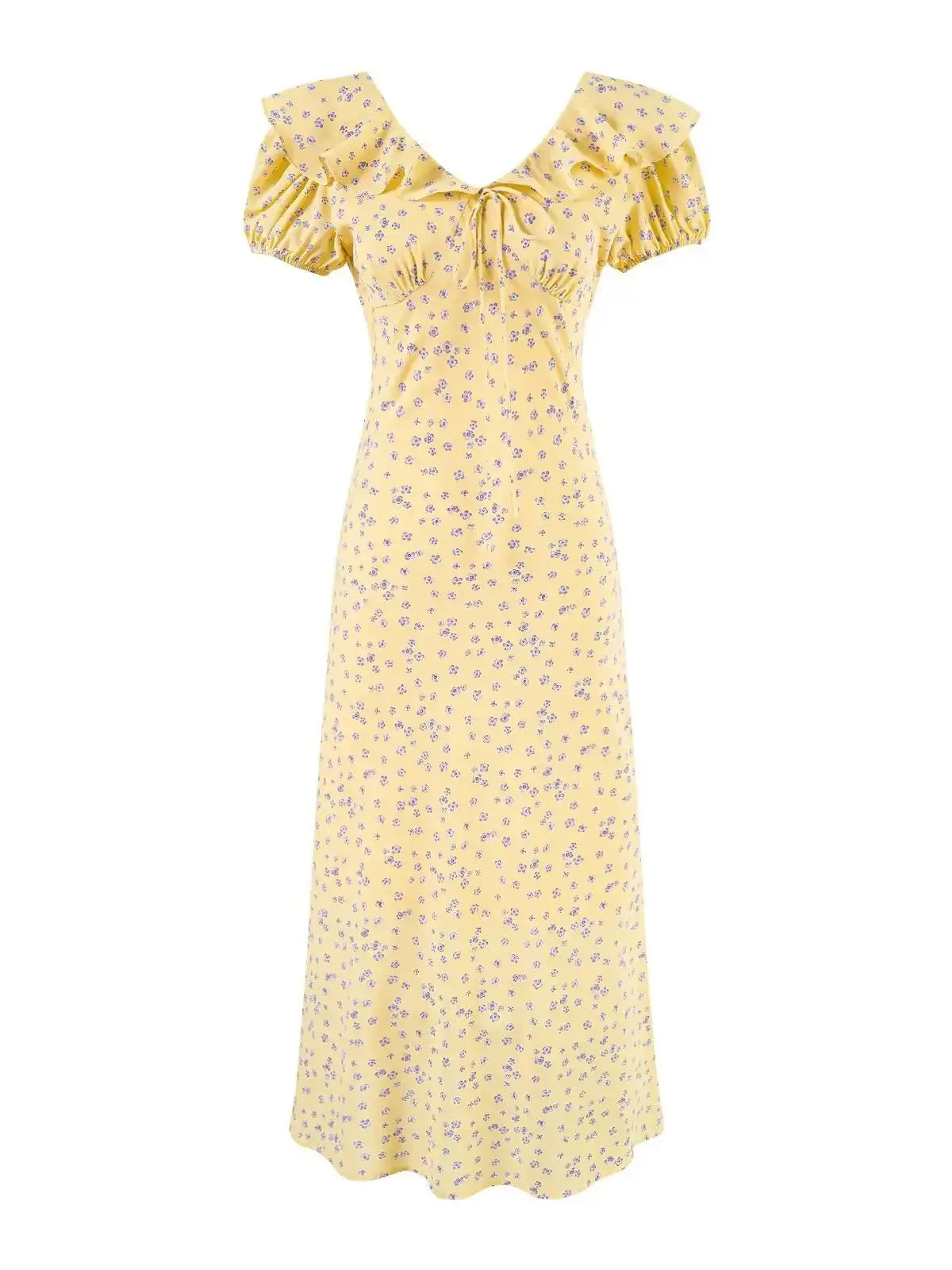 Chu Sau beauty Women New Fashion Sweet Polka Dot Print Chic Ruffles Midi Dress French V-Neck Puff Sleeve Vintage Party Dresses
