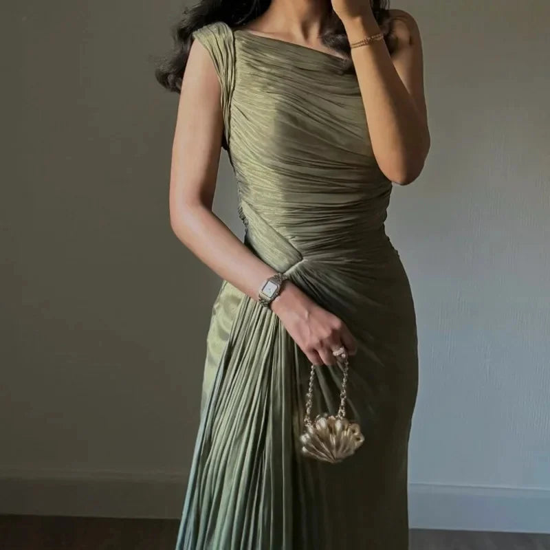 Elegant Off Shoulder Sleeveless Evening Gown Fashion High Waist Solid Color Dress Pleated Ribbon Sparkly Party Dress For Banquet