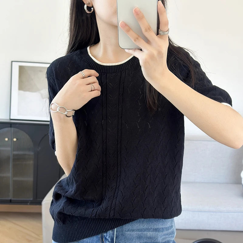 WinvyNee Summer Women‘s T-Shirt 100% Cotton Pullovers Sweaters Top Short Sleeve O neck Solid Knitwears Tops Spring A1002024