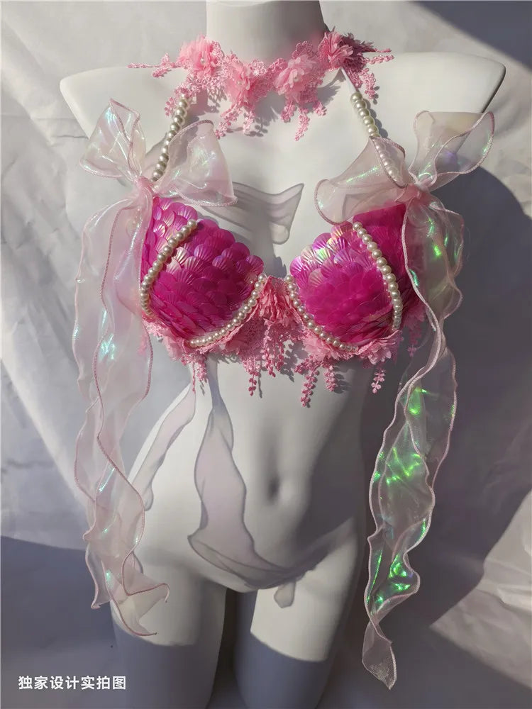 RM Handmade Mermaid Sequin Shell Bikini Top Bra Oceanarium Bar Table Performance Costume Fishtail Leather