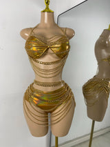 Newest Swimwear Shining Fashion Gold Chain Bar Bikini Blingbling Bikini Popular Bathingsuit Bikini Nightclub Stage Outfit