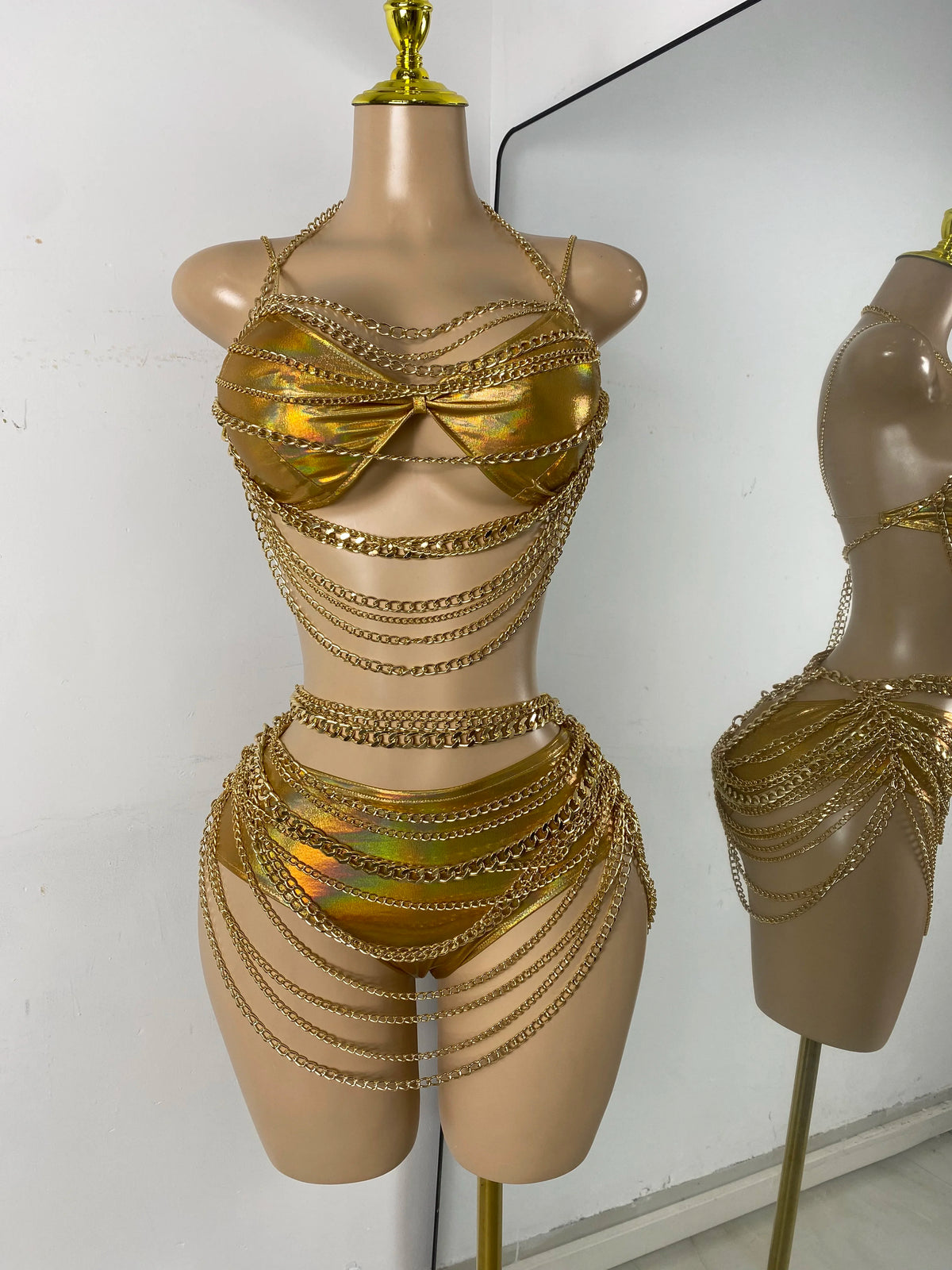 Newest Swimwear Shining Fashion Gold Chain Bar Bikini Blingbling Bikini Popular Bathingsuit Bikini Nightclub Stage Outfit