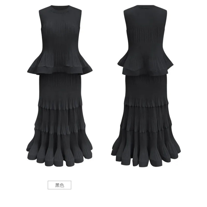 Pleated T-Shirt Top 2026 Summer New Ruffled Sleeveless Vest Simple Elegant Fashion Cake Skirt Elegant Women Travel Outfit