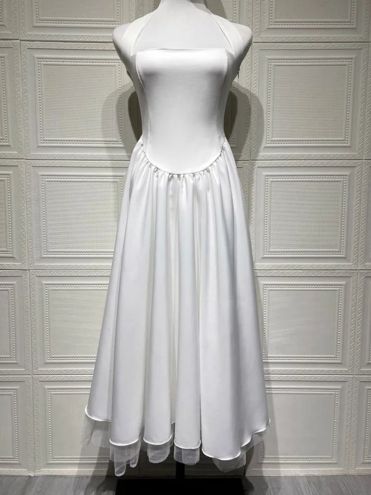 Mozision Halter Backless A-line Club Midi Dress Women Fashion Elegant Square Collar Sleeveless High Waist Party Pleated Dress