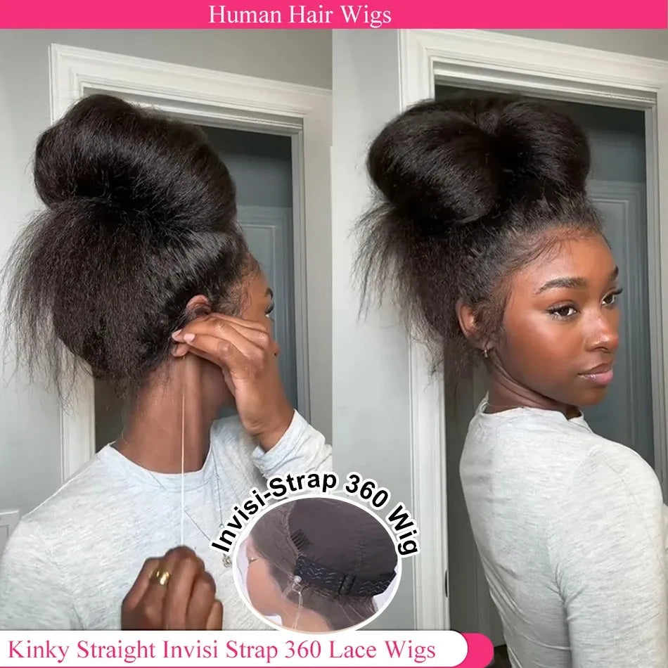 Kinky Straight 360 HD Lace Frontal Wigs Brazilian Human Hair 220 Density Black 360 Full Lace Wig Invisible Drawstring For Women
